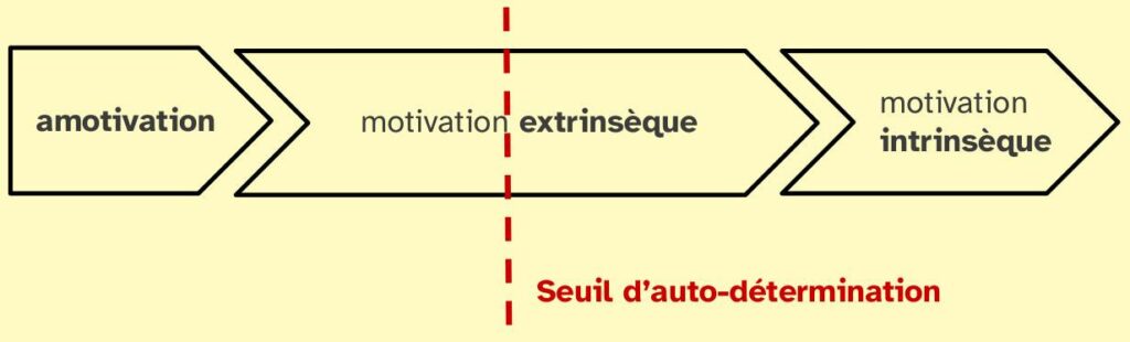 Amotivation -> motivation extrinsèque -> motivation intrinsèque. Au milieu de la motivation extrinsèque se trouve le seuil d’auto-détermination